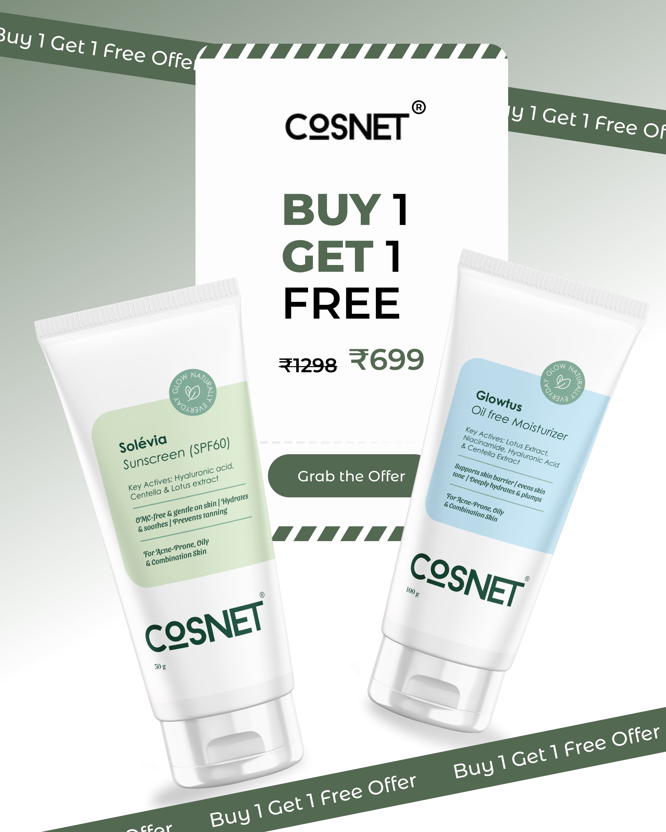 Buy 1 Solévia Sunscreen(SPF60) Get 1 COSNET Glowtus Oil Free Moisturizer